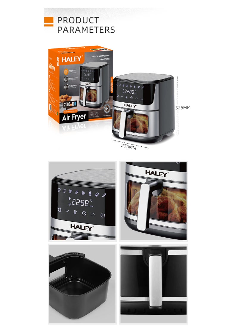 Haley - HALEY Air Fryer 10L with Window, 2000W stainless steel air fryer oven led touch screen oilless, ptfe free, dishwasher safe,2 Years Warranty (10L) - Image 1