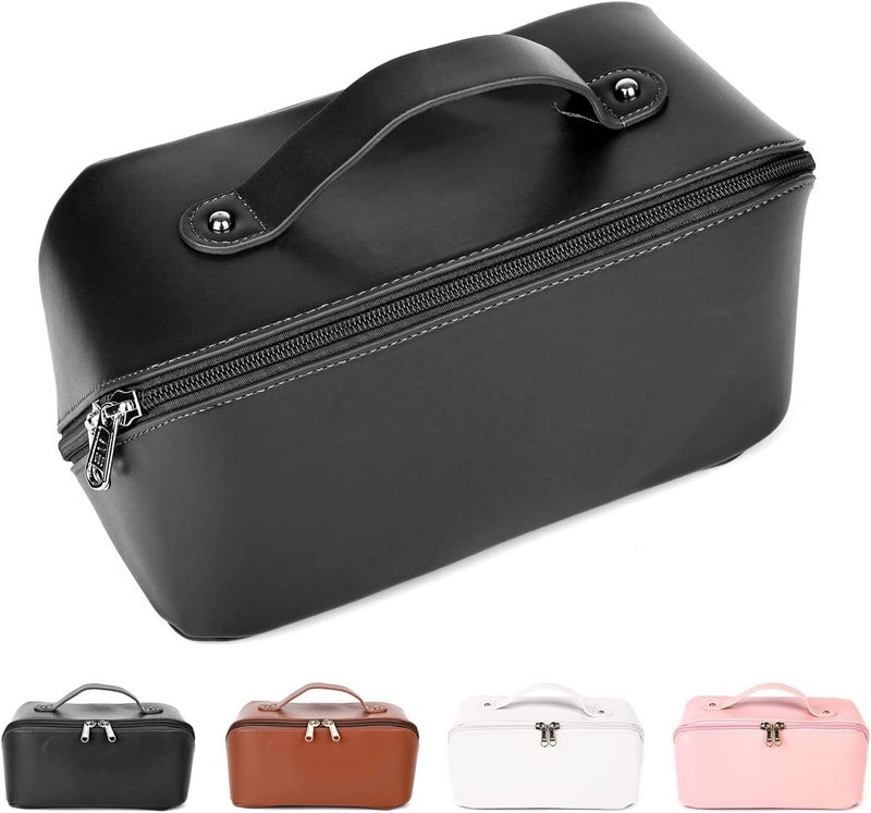 Moxtiza Cosmetic Travel Bag Womens Makeup Travel Bag Portable Leather Cosmetics Bag Makeup Storage Bags with Handle and Divider Wide Opening Cosmetic Organizer Black - Image 1