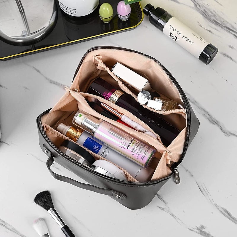 Moxtiza Cosmetic Travel Bag Womens Makeup Travel Bag Portable Leather Cosmetics Bag Makeup Storage Bags with Handle and Divider Wide Opening Cosmetic Organizer Black - Image 4