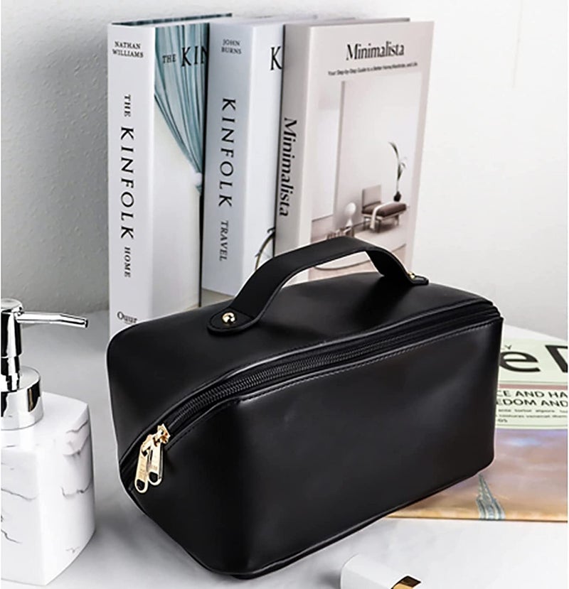Moxtiza Cosmetic Travel Bag Womens Makeup Travel Bag Portable Leather Cosmetics Bag Makeup Storage Bags with Handle and Divider Wide Opening Cosmetic Organizer Black - Image 2