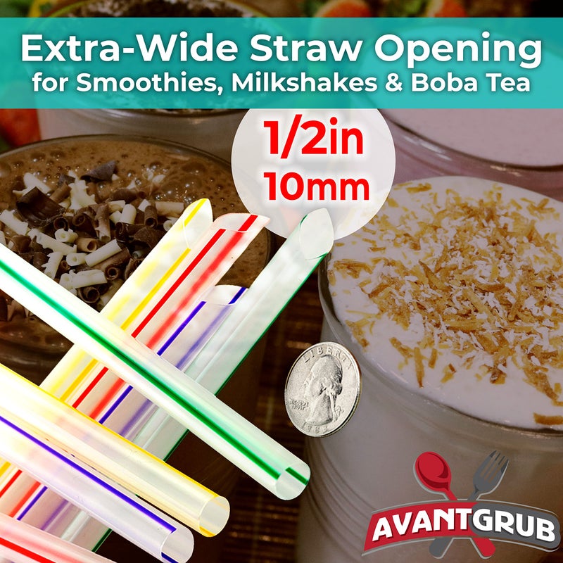 Avant Grub مصاصات سموذي أو بوبا عريضة جداً خالية من BPA 250 حبة. مغلفة بشكل فردي بطول 8.5 بوصة مصاصة فواكه عملاقة ذات طرف مدبب. كل مصاصة طويلة مخططة مستقيمة رائعة لعمل الحليب المخفوق!  - Image 4