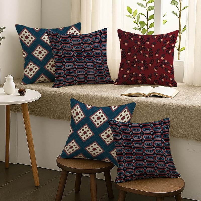 BRICK HOME Set of 5 Polycotton Printed Cushion Covers 24x24 Inches | Ethnic Geometric & Floral Pattern | Navy Blue, Maroon & Off-White | Soft Decorative Pillow Covers for Sofa, Couch & Living Room - Image 2