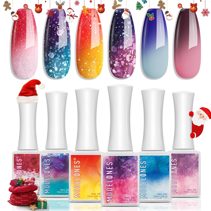 modelones Color Changing Gel Nail Polish, 6 Colors Christmas Red Blue Purple Pink Neon Mood Temperature Change Gel Polish Set Soak Off DIY Home Nail Art Gift - Image 1