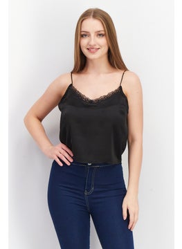 Women V-Neck Sleeveless Plain Camisole Top, Black