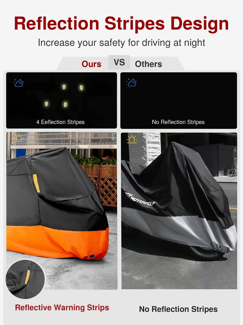 Puroma Motorcycle Cover Heavy Duty Scooter Cover Waterproof Outdoor All Season Universal Weather Quality Protection with Night Reflective, Lock Holes and Storage Bag Fits up to 105" Motorcycle Vehicle - Image 3