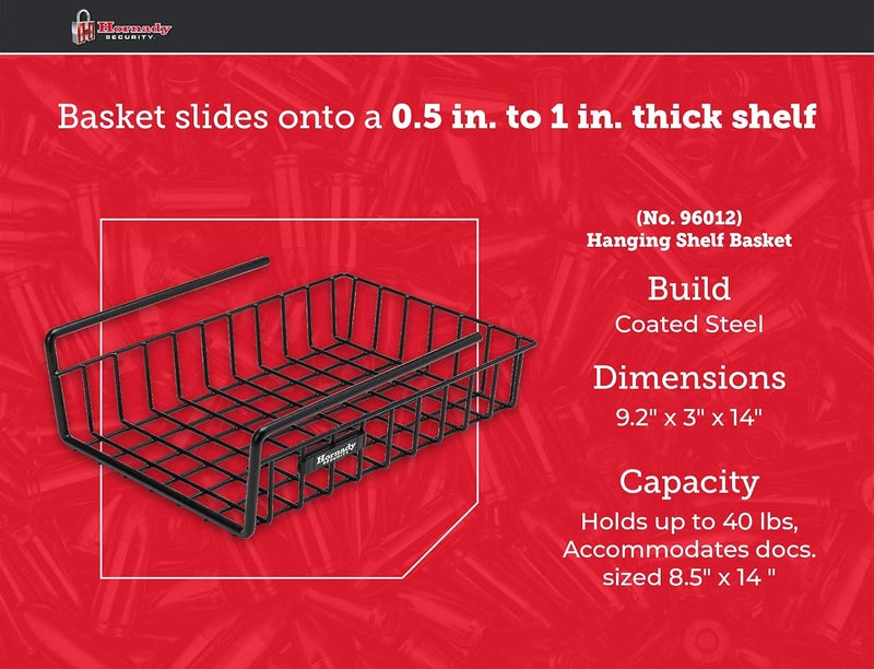 Hornady Hanging Shelf Document Basket, 96012 - Coated Wire Basket Maximizes Storage for Documents, Gun Accessories, & Ammo - Easy Access Under Shelf Storage for Gun Safes - Holds Up to 40 Pounds - Image 4
