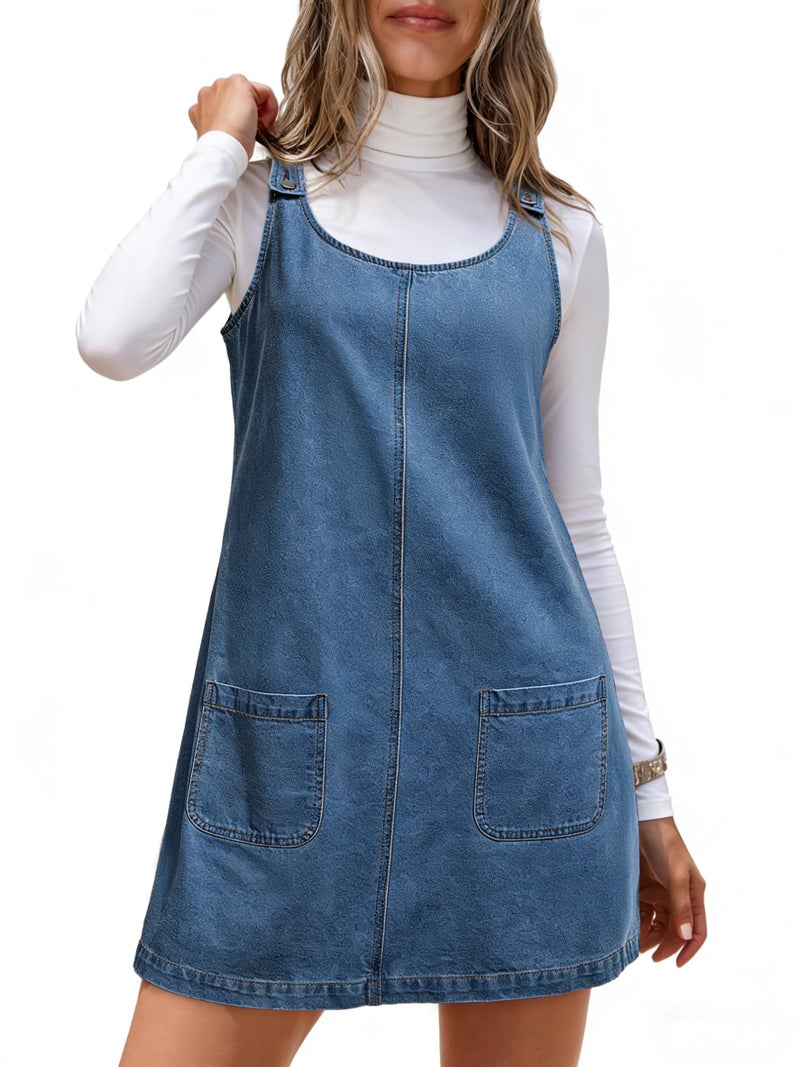 Dokotoo Denim Dress Womens Fashion Casual Sleeveless Crewneck Western Jean Dress Cowgirl Outfits Country Plus Size Denim Overalls for Women Mini Shift Jumper Dresses with Pockets Ashleigh Blue M - Image 1