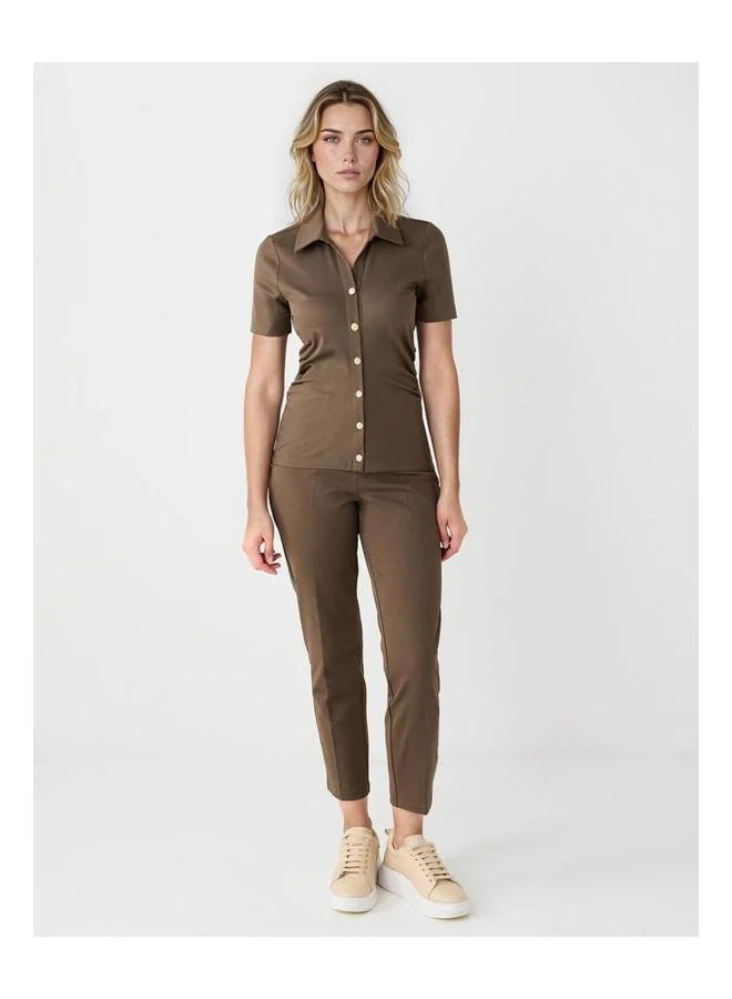 Jimmy Key Bronze Khaki Regular Leg High Waist Knit Pants.