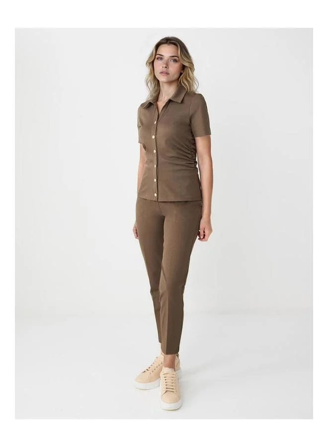 Jimmy Key Bronze Khaki Regular Leg High Waist Knit Pants.