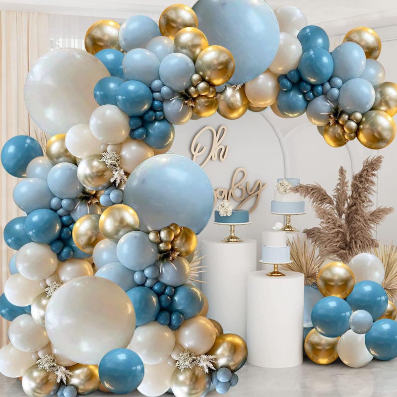 Zesliwy Dusty Blue Balloons Garland Kit, Fog Blue Royal Blue Pastel Blue Sand White Metallic Gold latex Balloons for Bridal Shower Wedding Anniversary Birthday Party Decorations Supplies - Image 1