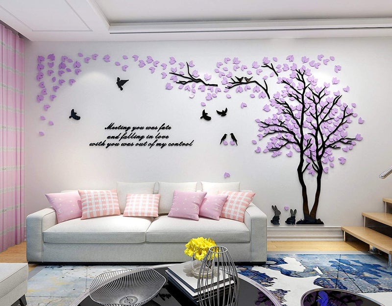 guangmu 3D Tree Wall Stickers - DIY Tree and Birds Wall Decals Family Couple Tree Stickers Murals Wall Decor for Living Room Bedroom TV Background Home Decorations(Purple Right M-98X51in) - Image 3