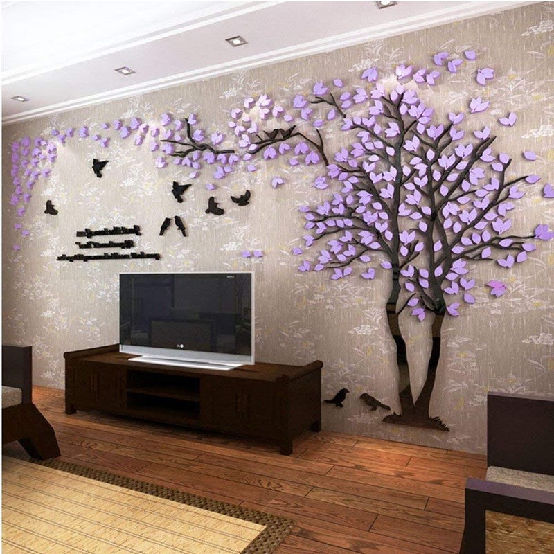 guangmu 3D Tree Wall Stickers - DIY Tree and Birds Wall Decals Family Couple Tree Stickers Murals Wall Decor for Living Room Bedroom TV Background Home Decorations(Purple Right M-98X51in) - Image 1