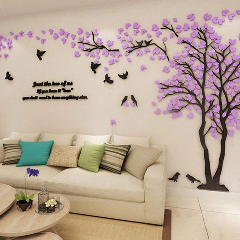 guangmu 3D Tree Wall Stickers - DIY Tree and Birds Wall Decals Family Couple Tree Stickers Murals Wall Decor for Living Room Bedroom TV Background Home Decorations(Purple Right M-98X51in) - Image 2