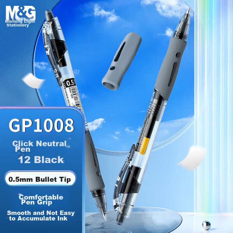 M&G GP1008A Retractable Gel Pen, Black, 0.5mm Bullet Tip, Push-Button Signing Pen, Exam Writing Pen, Rollerball Pen, Pack of 12 - Image 1