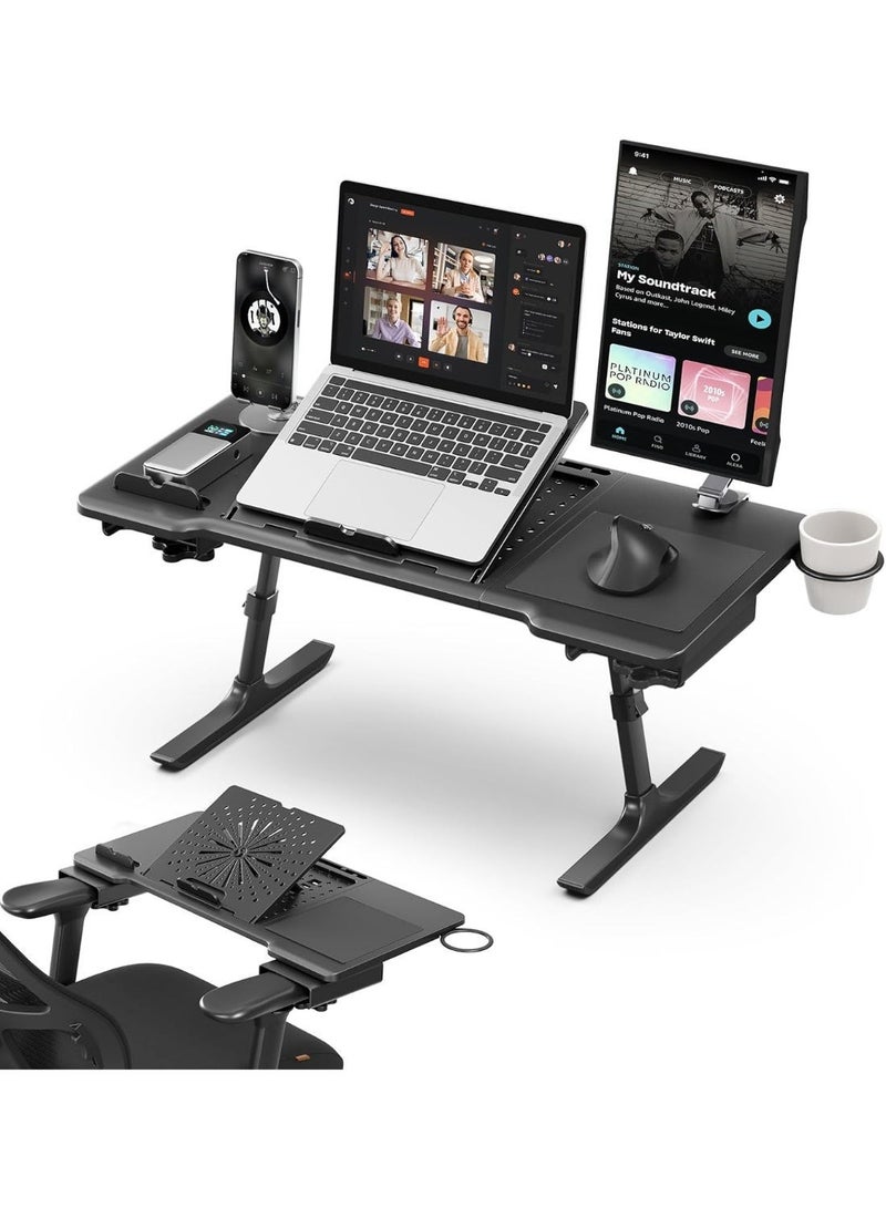 DROGO 2 in 1 SitNWork Multipurpose Foldable Laptop Table Tray Stand for Office Chair with Cup Holder, Angle & Height Adjustable | Portable Laptop Bed Tray Desk Stand with Mousepad & Bookstand Black - Image 1