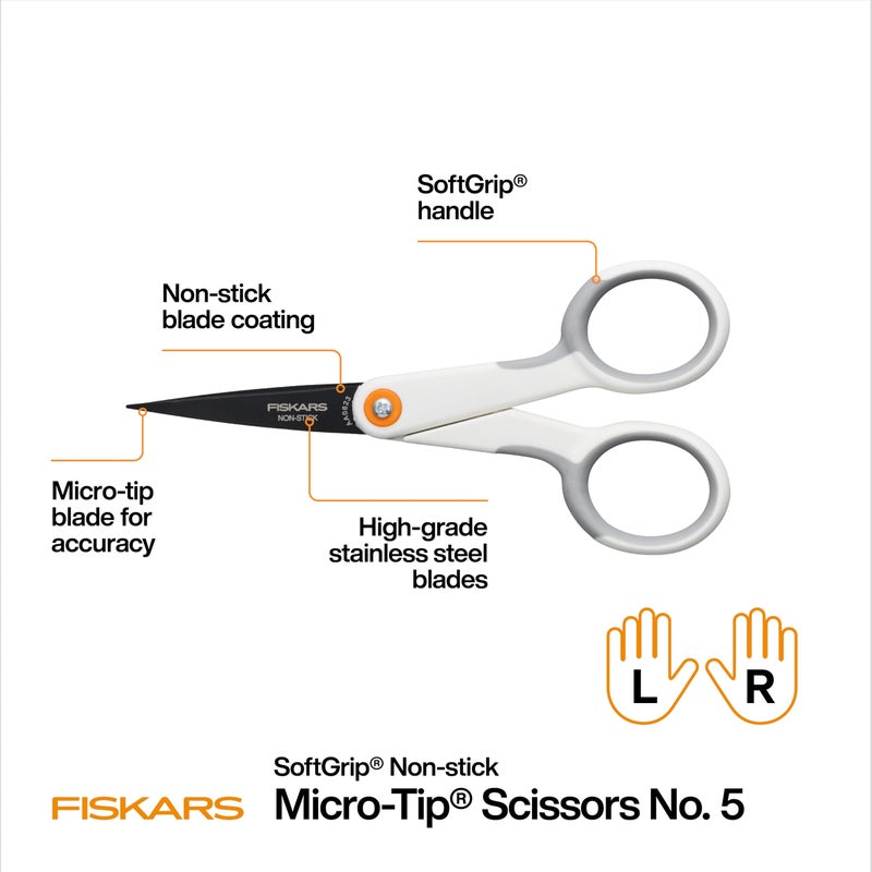 Fiskars Micro Trip Scissors, SoftGrip Precision Cutting Shears, Non-Stick Stainless Steel Blades, 5 inches - Image 2