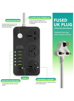 Generic Extension Lead with USB Ports 3 Way Outlets, 6 USB Ports Surge Protection Power Strip UK Power Socket with 2 Meter Bold Extension Cord with Fuse and Shutter Power Strips Universal Socket  - Image 2