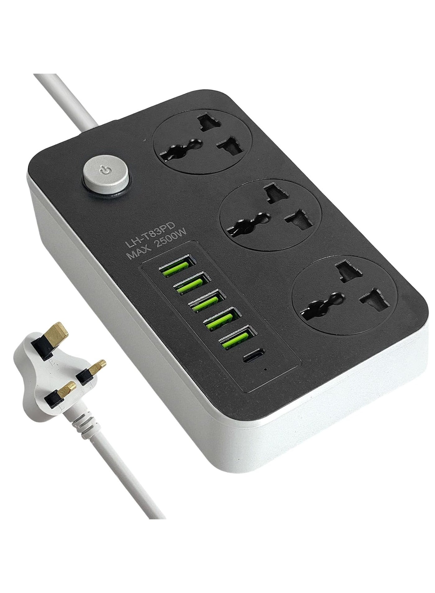 Extension Lead with USB Ports 3 Way Outlets, 6 USB Ports Surge Protection Power Strip UK Power Socket with 2 Meter Bold Extension Cord with Fuse and Shutter Power Strips Universal Socket