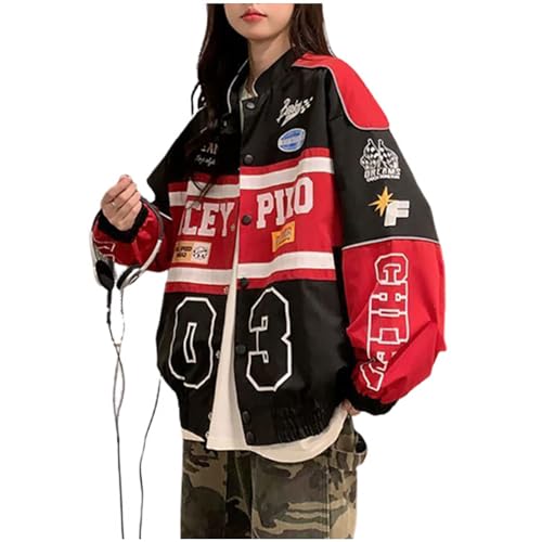 POHADON Varsity Jacket for Women Patchwork Long Sleeve Racing Bomber Letterman Jackets Color Block Y2k Vintage Streetwear (Red,L) - Image 1