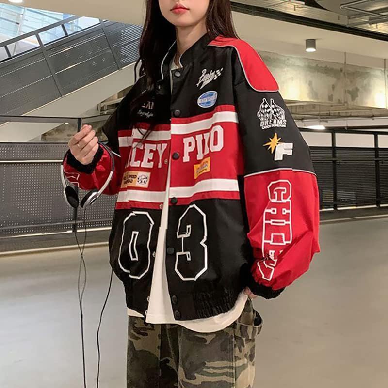 POHADON Varsity Jacket for Women Patchwork Long Sleeve Racing Bomber Letterman Jackets Color Block Y2k Vintage Streetwear (Red,L) - Image 3