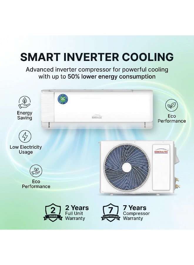 Generaltec 1 Ton Inverter Split Air Conditioner 12000 BTU | T3 Rotary DC Inverter Compressor for UAE Heat | Energy Saving AC | Turbo Cooling | 4D Air Flow | Golden Fin | Low Noise | Model GSIAC12NQIV | 2 Years Full + 7 Years Compressor Warranty 1300 W GSIAC12NQIV white - Image 4