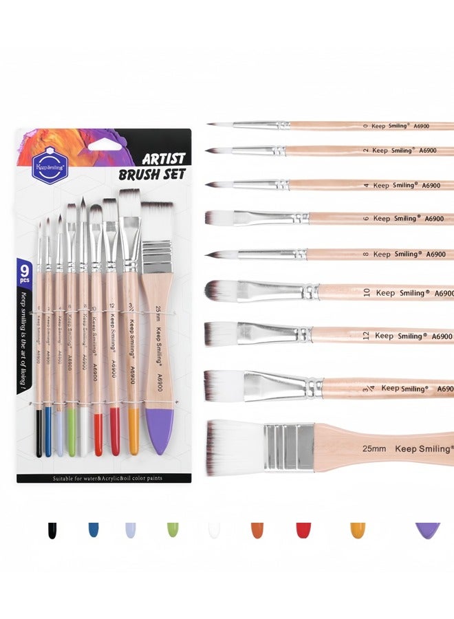 Keep Smiling 9Pcs Nylon Hair Paint Brush Set Ideal for Watercolor, Acrylic, and Oil Painting - Image 1
