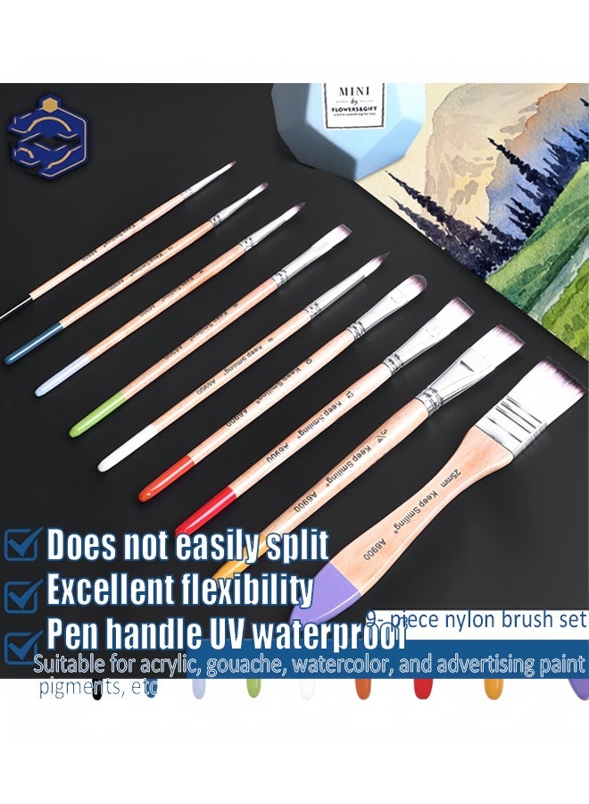 Keep Smiling 9Pcs Nylon Hair Paint Brush Set Ideal for Watercolor, Acrylic, and Oil Painting - Image 2