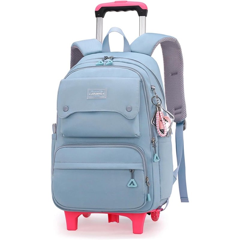 Solid Color Girls Rolling Backpack with Wheels Schoolbag Elementary School Student Trolley Daypack - Image 1