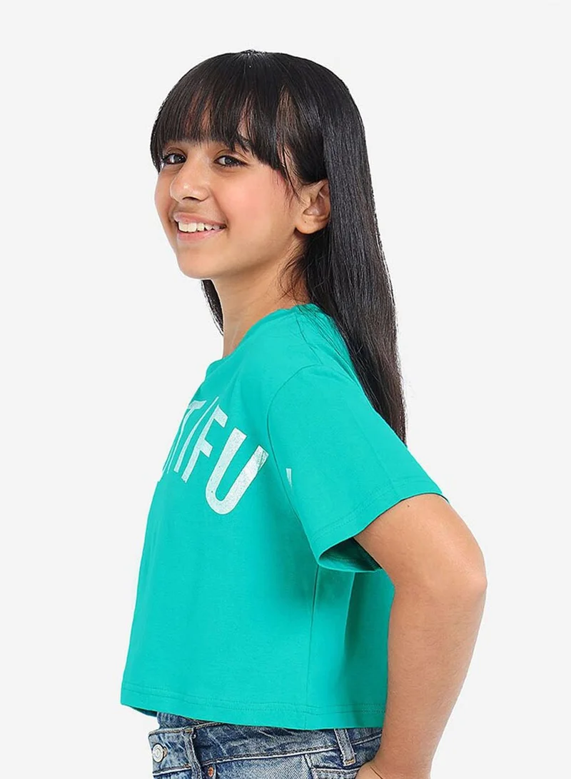 Bonkids Regular Fit Printed Sea And Green Cotton T-Shirt For Girls Round Neck Flat Collar Pull On 100 % Cotton