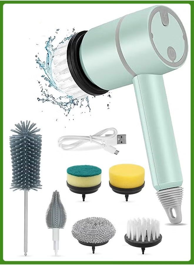 فرشاة تنظيف كهربائية قابلة لإعادة الشحن، فرشاة تنظيف محمولة مع 6 رؤوس فرشاة قابلة للاستبدال، فرشاة تنظيف لاسلكية للحمام والمطبخ والأطباق وزجاجة الحليب والبلاط والزجاج - Image 1