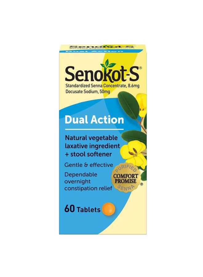 Senokot S Dual Action 60 Tablets, Natural Vegetable Laxative Ingredient Plus Stool Softener Tablets, Gentle Dependable Overnight Relief Of Occasional Constipation White  - Image 1