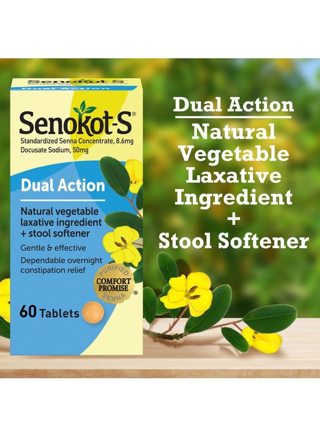 Senokot S Dual Action 60 Tablets, Natural Vegetable Laxative Ingredient Plus Stool Softener Tablets, Gentle Dependable Overnight Relief Of Occasional Constipation White  - Image 5