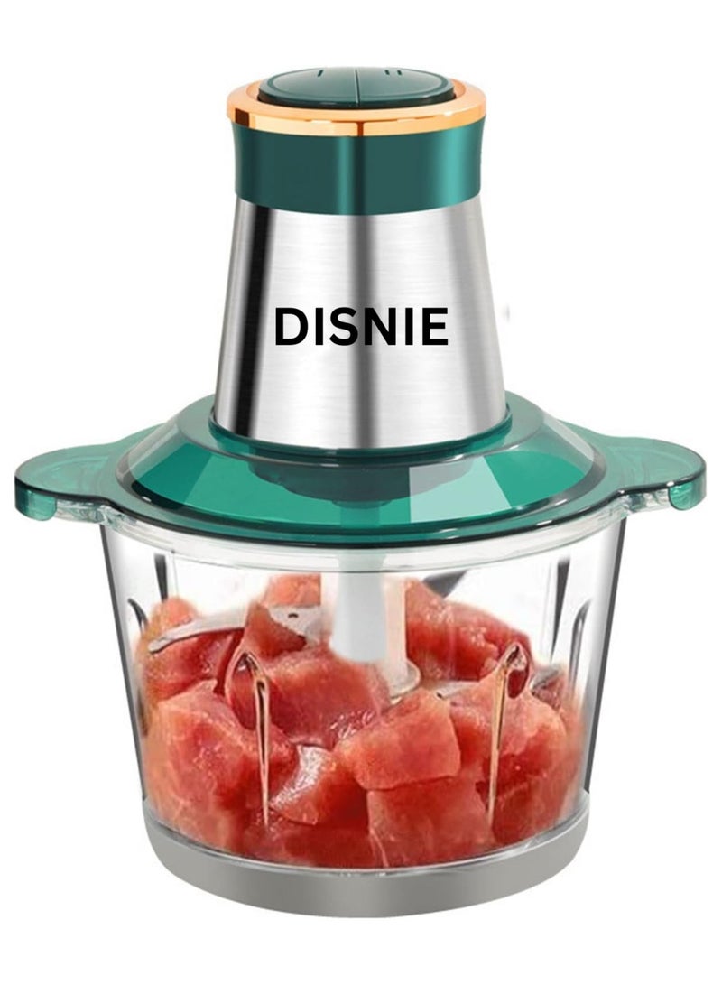 DISNIE Electric Glass Food Chopper & Mincer – 4 Sharp Blades, 2L Large Capacity, 650W Powerful Motor, Ice Crusher, Multi-Function Meat & Veggie Processor, Compact & Easy to Clean (Clear/Green) - Image 1
