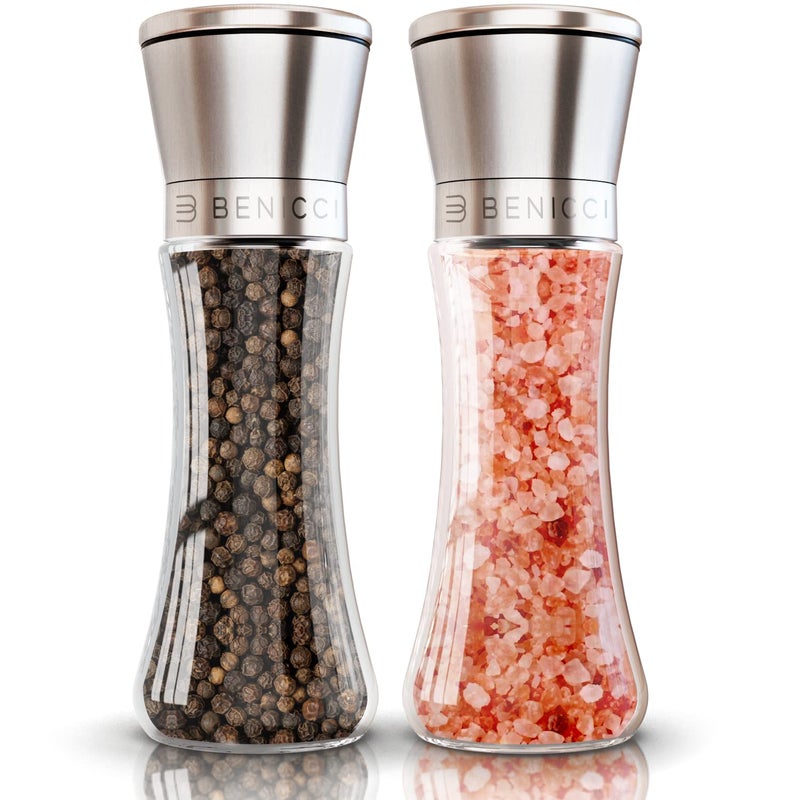 Premium Salt and Pepper Grinder Set of 2 Two Refillable Stainless Steel Sea Salt Spice Shakers with Adjustable Coarse Mills Easy Clean Ceramic Grinders wBONUS Silicone Funnel Cleaning Brush