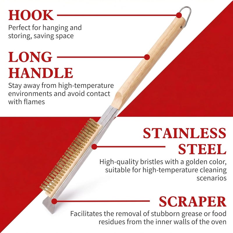 ZEAYEA 21 Inch Pizza Oven Brush with Scraper, Brass Bristles, Copper Wire Pizza Stone Cleaning Brush for BBQ Grill Cleaning, Outdoor Oven Accessories - Image 3