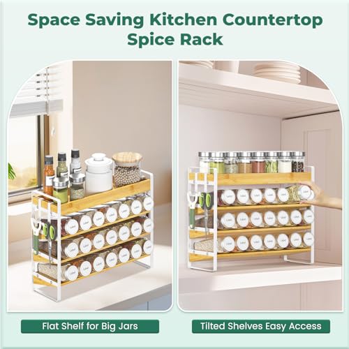 EsLuker.ly Spice Seasoning Rack Organizer Kitchen Countertop, 4 Tier Bamboo Spice Shelf Holder Storage with 4 Hooks, Wall Mounted Freestanding Stand for Pantry, Bamboo-White(Jars Not Included) - Image 4