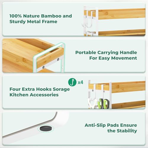 EsLuker.ly Spice Seasoning Rack Organizer Kitchen Countertop, 4 Tier Bamboo Spice Shelf Holder Storage with 4 Hooks, Wall Mounted Freestanding Stand for Pantry, Bamboo-White(Jars Not Included) - Image 5