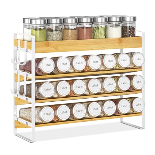 EsLuker.ly Spice Seasoning Rack Organizer Kitchen Countertop, 4 Tier Bamboo Spice Shelf Holder Storage with 4 Hooks, Wall Mounted Freestanding Stand for Pantry, Bamboo-White(Jars Not Included) - Image 1