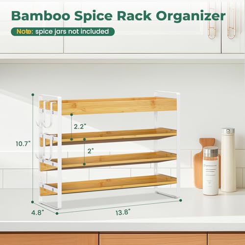 EsLuker.ly Spice Seasoning Rack Organizer Kitchen Countertop, 4 Tier Bamboo Spice Shelf Holder Storage with 4 Hooks, Wall Mounted Freestanding Stand for Pantry, Bamboo-White(Jars Not Included) - Image 3