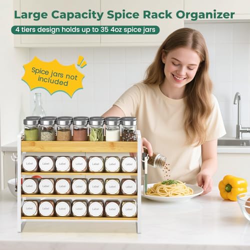 EsLuker.ly Spice Seasoning Rack Organizer Kitchen Countertop, 4 Tier Bamboo Spice Shelf Holder Storage with 4 Hooks, Wall Mounted Freestanding Stand for Pantry, Bamboo-White(Jars Not Included) - Image 2