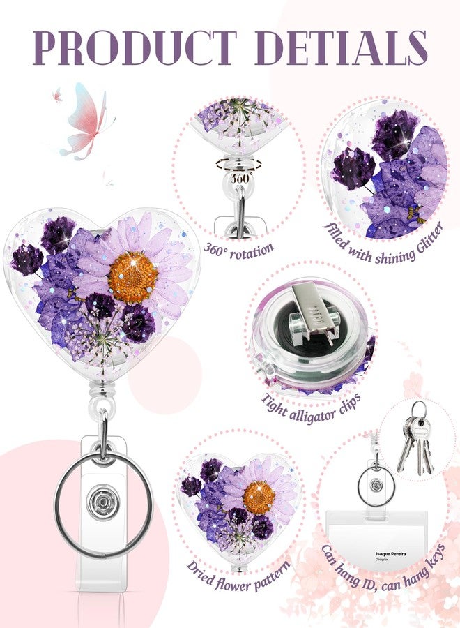 KJQJLY 3 Pcs Cute Flower Badge Reels Retractable for Nurse, Dried Floral Resin Badge Holder with Key Ring, Decorative Nursing Badge Clip for Women Doctor Teacher ID Card (Love Type) - Image 3