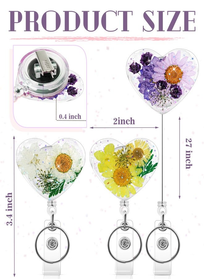 KJQJLY 3 Pcs Cute Flower Badge Reels Retractable for Nurse, Dried Floral Resin Badge Holder with Key Ring, Decorative Nursing Badge Clip for Women Doctor Teacher ID Card (Love Type) - Image 2