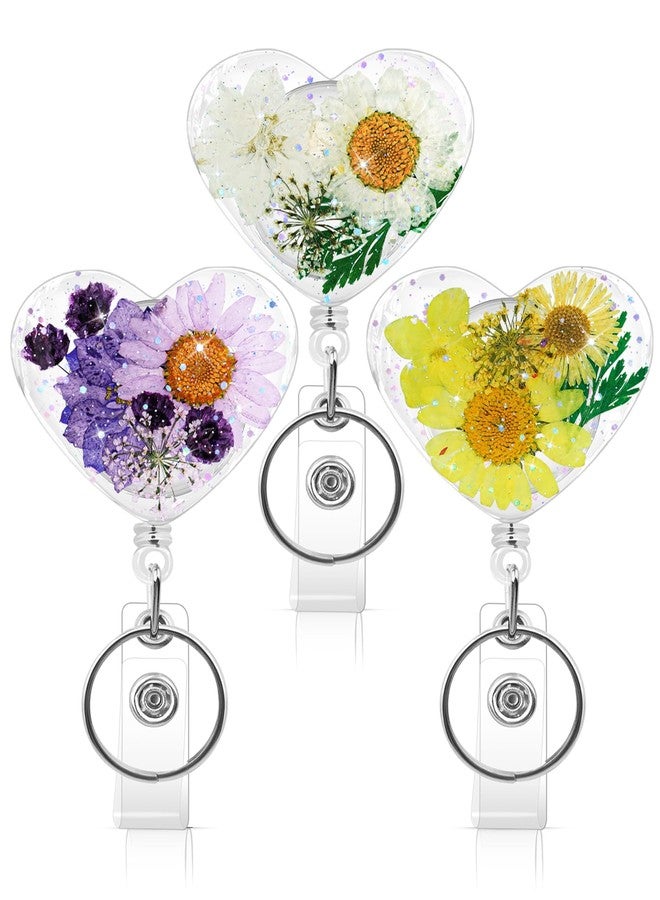 KJQJLY 3 Pcs Cute Flower Badge Reels Retractable for Nurse, Dried Floral Resin Badge Holder with Key Ring, Decorative Nursing Badge Clip for Women Doctor Teacher ID Card (Love Type) - Image 1