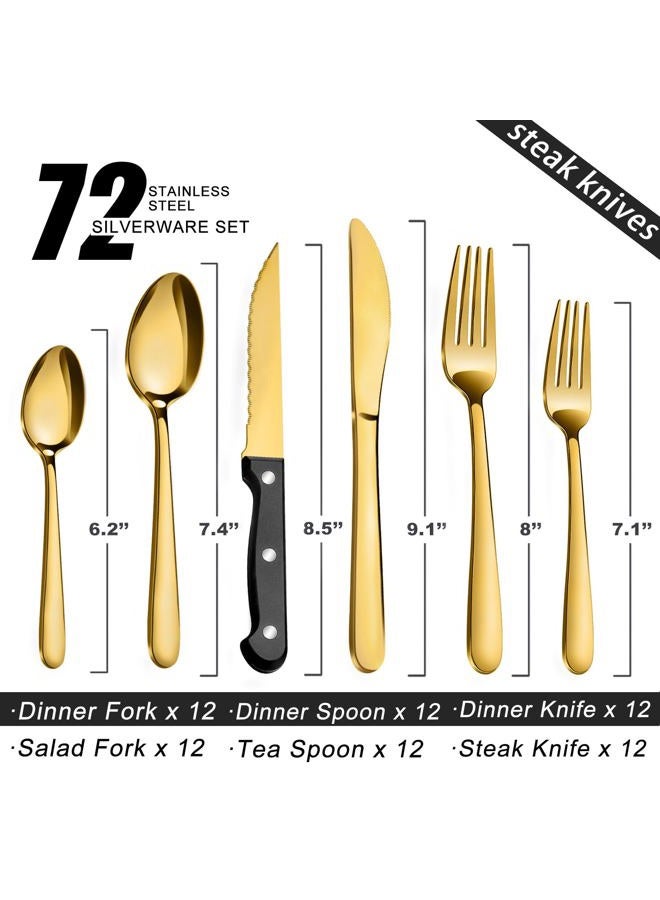 Pleafind 72Pcs Gold Silverware Set for 12 - Dishwasher Safe, Flatware Set with Steak Knives, Stainless Steel Cutlery Set, Include Forks Spoons and Knives Set, Utensil Sets for Home Restaurant - Image 2