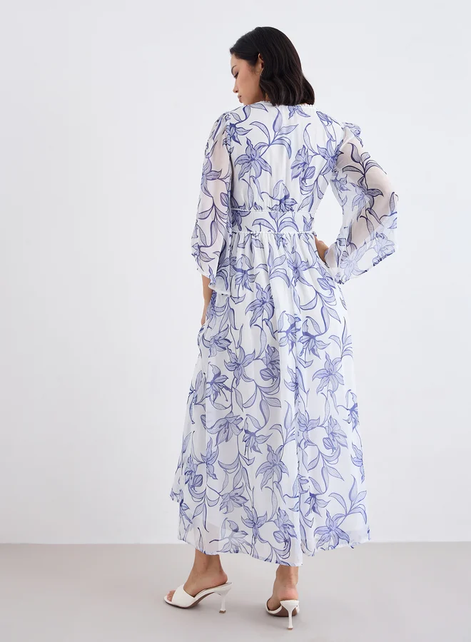 Styli Styli White Floral Maxi Dress with Volume Sleeves