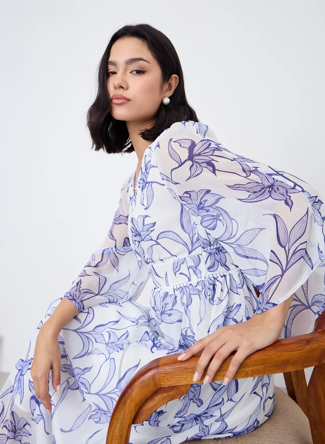 Styli Styli White Floral Maxi Dress with Volume Sleeves