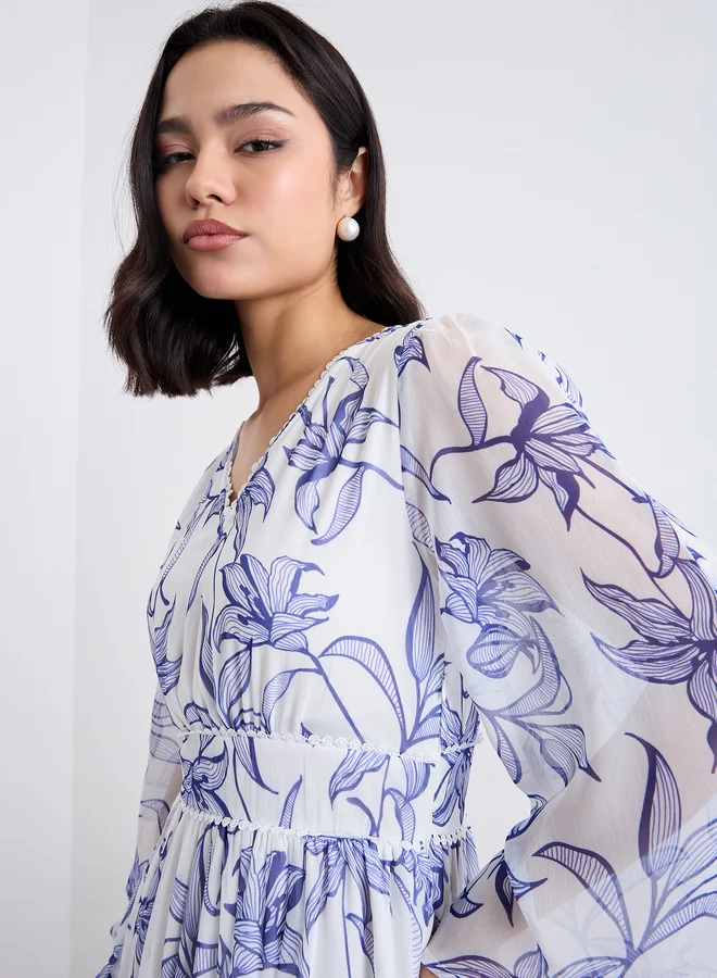 Styli Styli White Floral Maxi Dress with Volume Sleeves