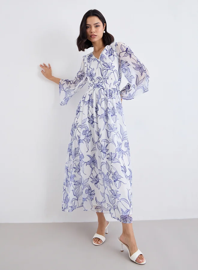 Styli Styli White Floral Maxi Dress with Volume Sleeves