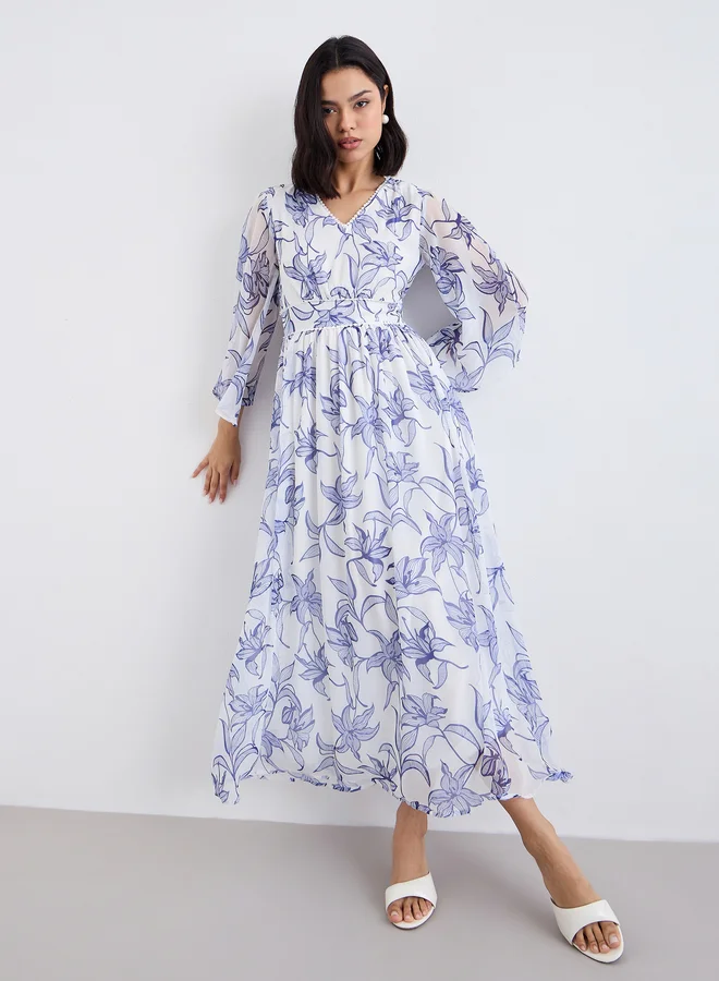 Styli Styli White Floral Maxi Dress with Volume Sleeves