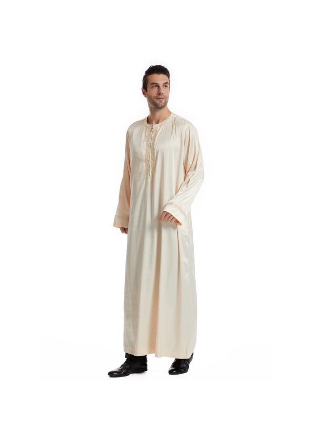 عباية - قميص رجالي طويل بياقة واقفة - بيج - ملابس تقليدية، ملابس إسلامية، زي إسلامي، زي تراثي، قفطان دبي - Image 1